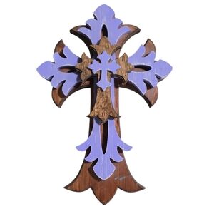 Rustic Farmhouse Layered Wood Cross - Shabby Chic Purple Decorative Wall Art